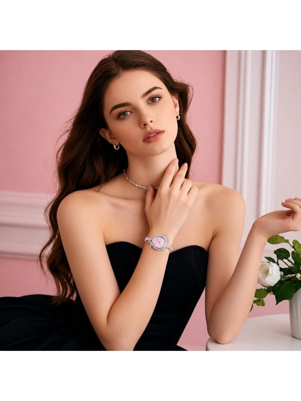 Women's Silver Round Butterfly Crystal with Pink Nacre Dial Sparkling Watch - Picture 3 of 5